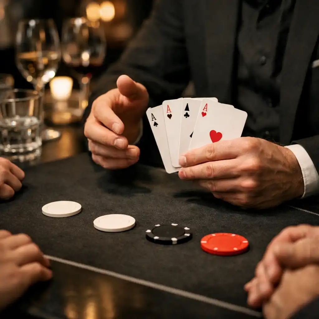 Mains présentant des cartes lors d’une animation de table dans le card lounge de Luna Veelle.