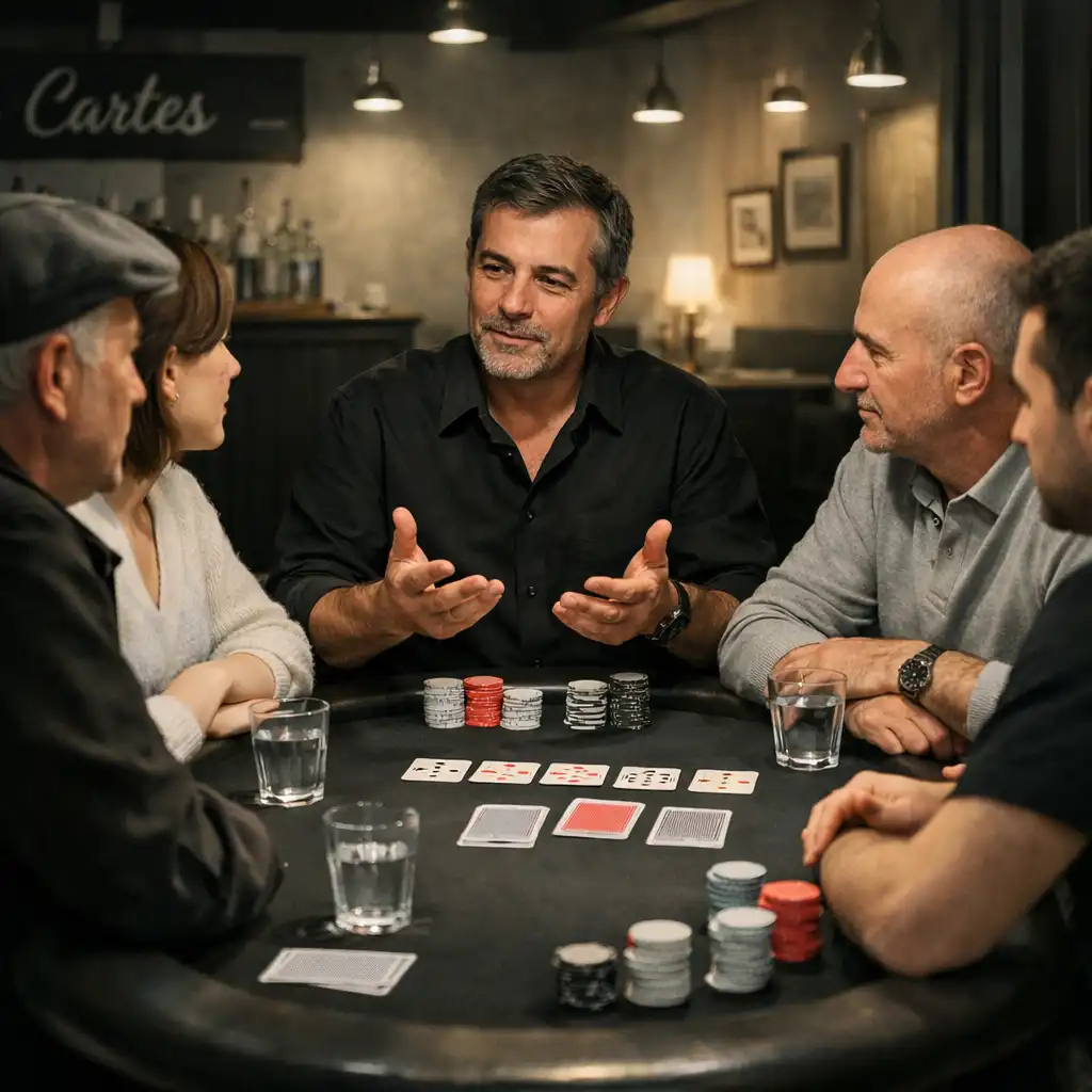 Animation de table avec participants autour de cartes au restaurant Luna Veelle