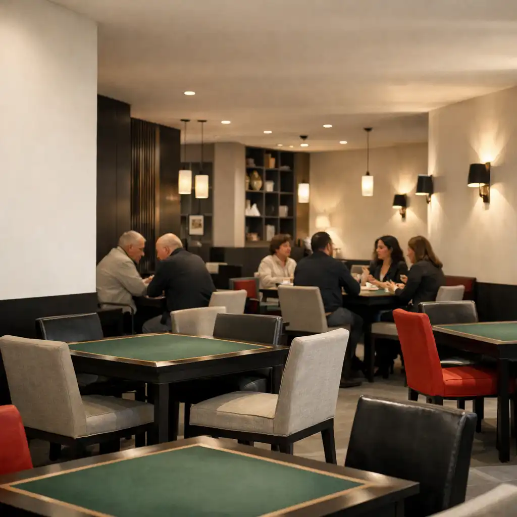 Vue d’ensemble du card lounge avec tables, chaises et petits groupes en conversation.