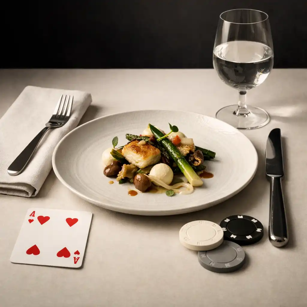 Détail d’une assiette, d’un verre et de cartes disposés sur une table de restaurant