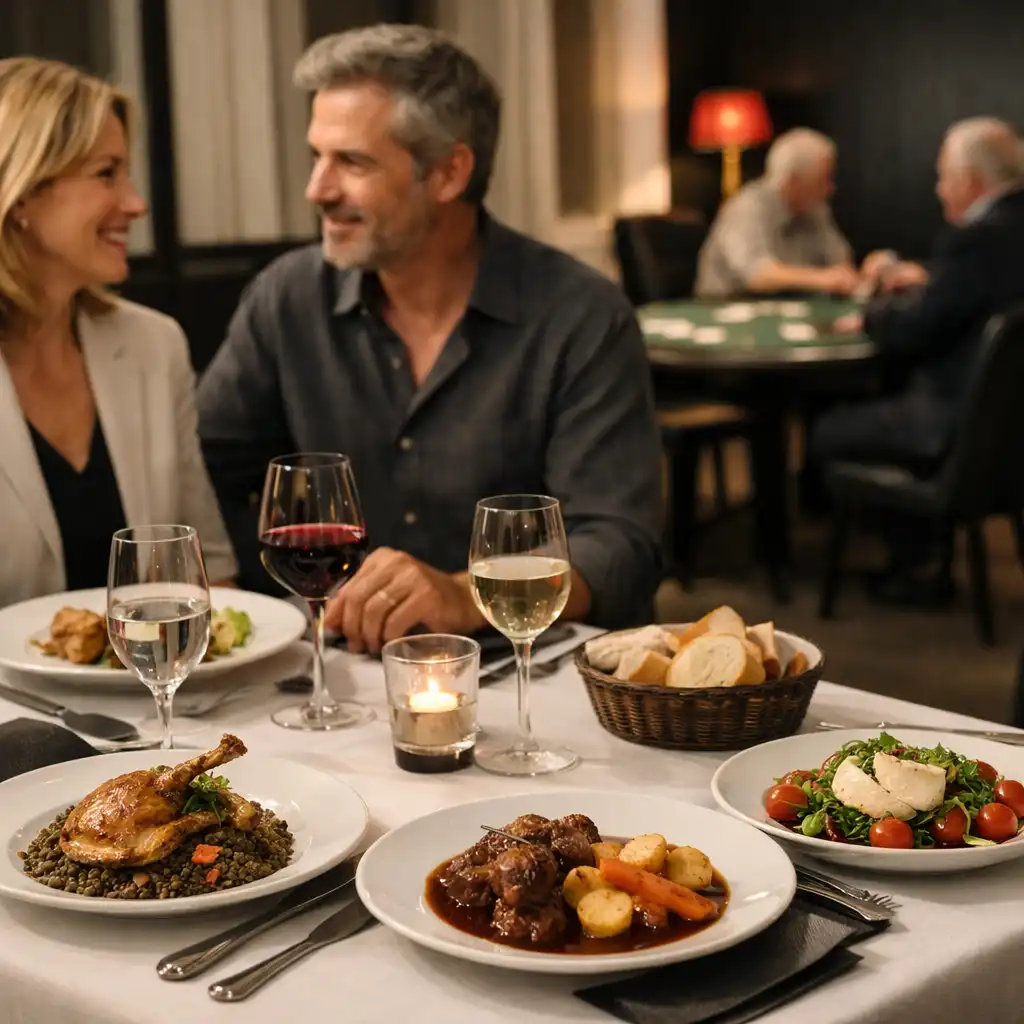 Convives partageant un repas dans le card lounge de Luna Veelle