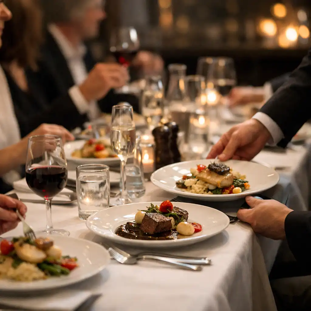 Repas partagé sur une longue table lors d’un événement privé