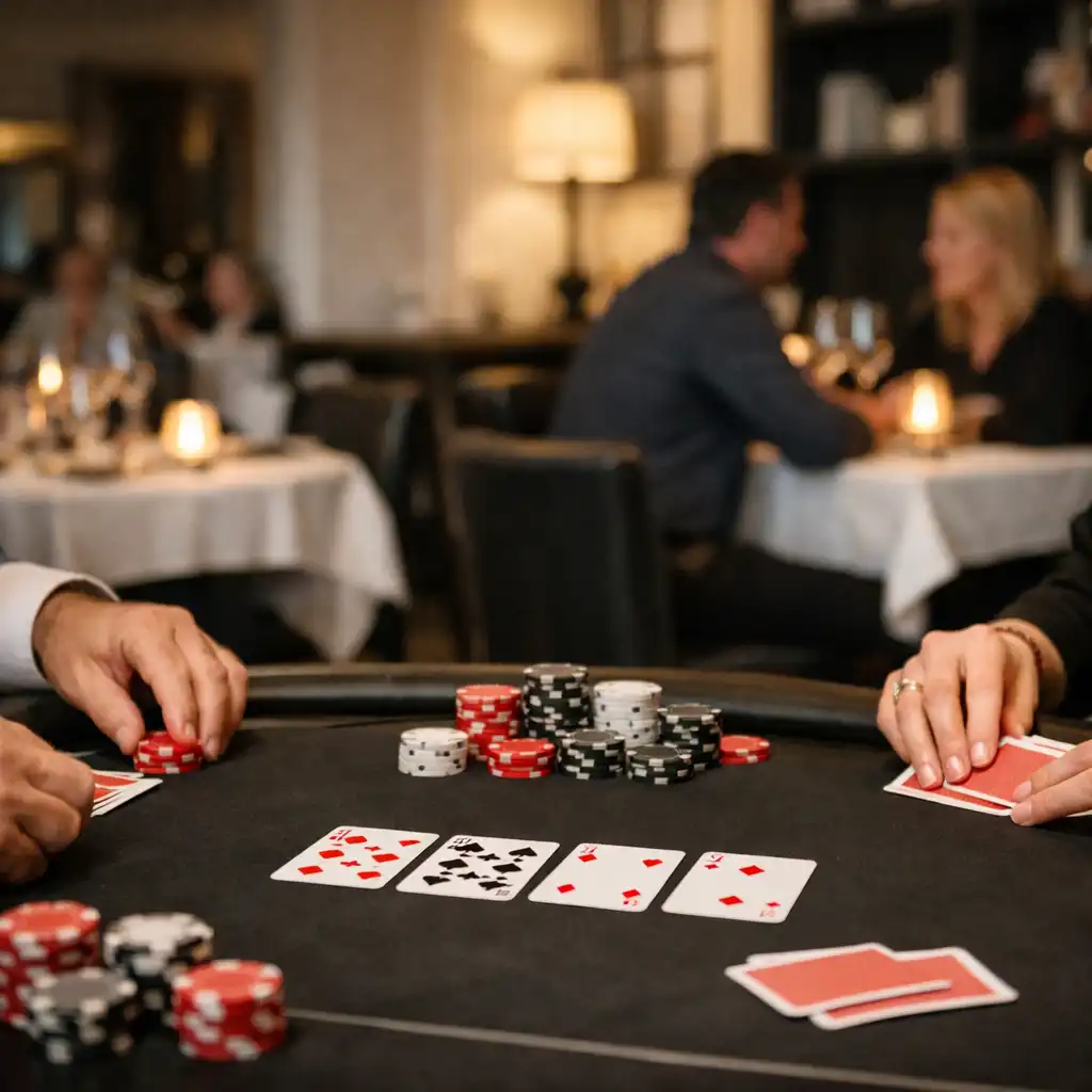 Convives réunis autour d’une table de poker lors d’un événement privé au restaurant