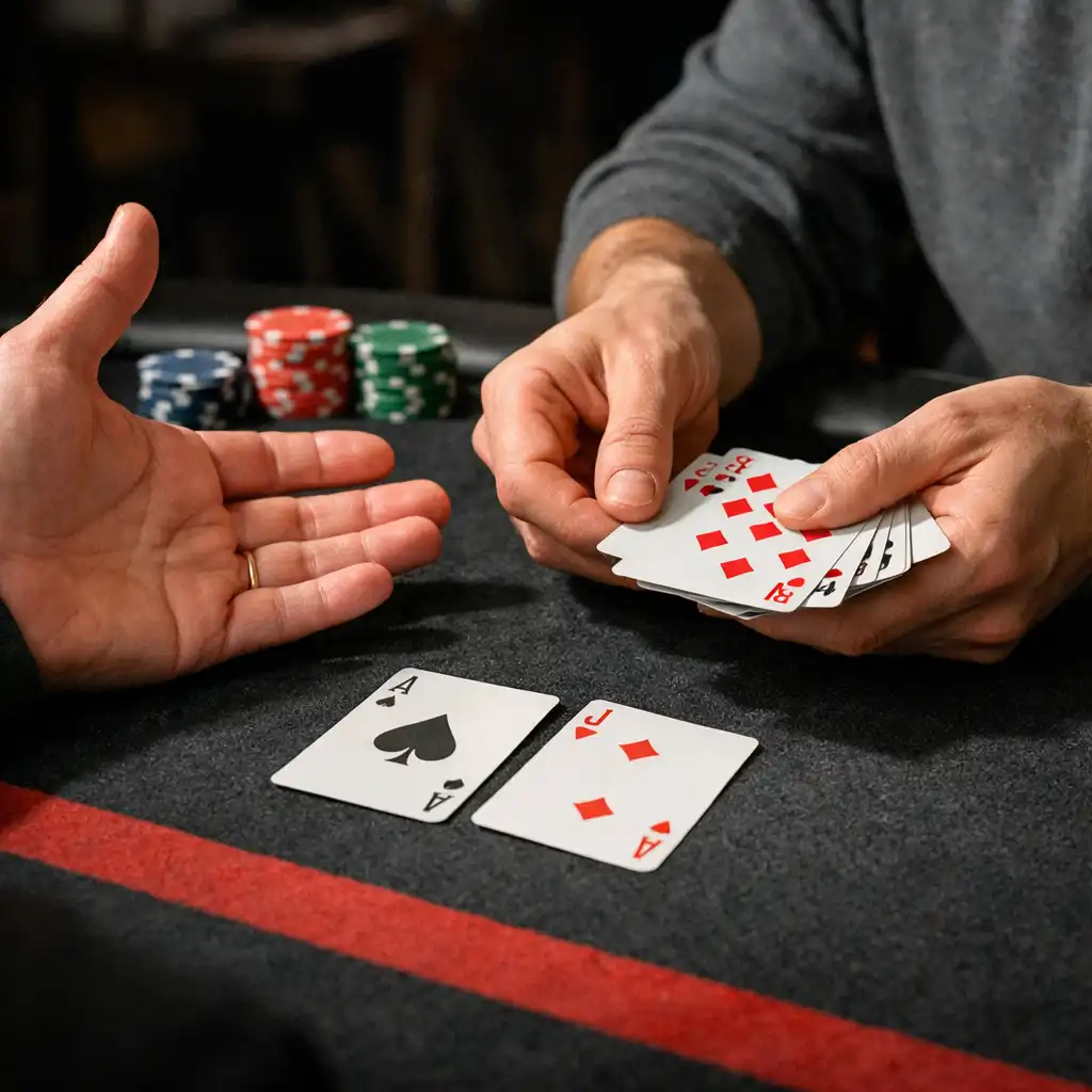 Gros plan de mains disposant des cartes et des jetons accessoires sur une table.