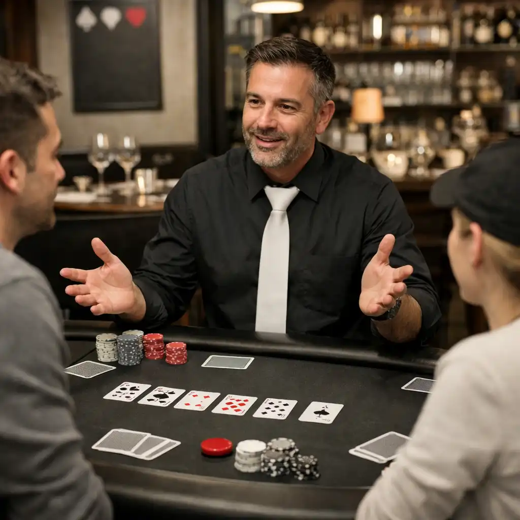 Animation de table de poker en présentiel avec un petit groupe dans le restaurant