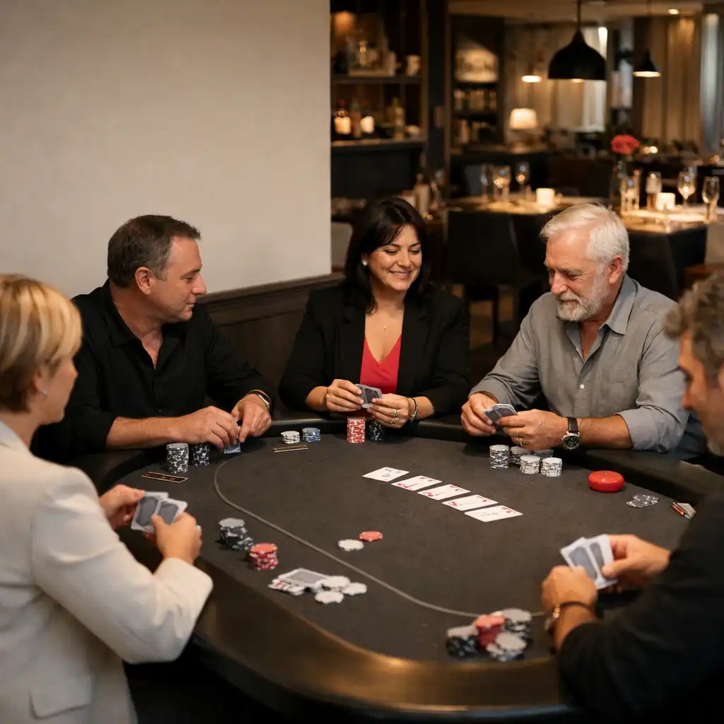 Convives adultes réunis autour d'une table de poker dans le card lounge de Luna Veelle