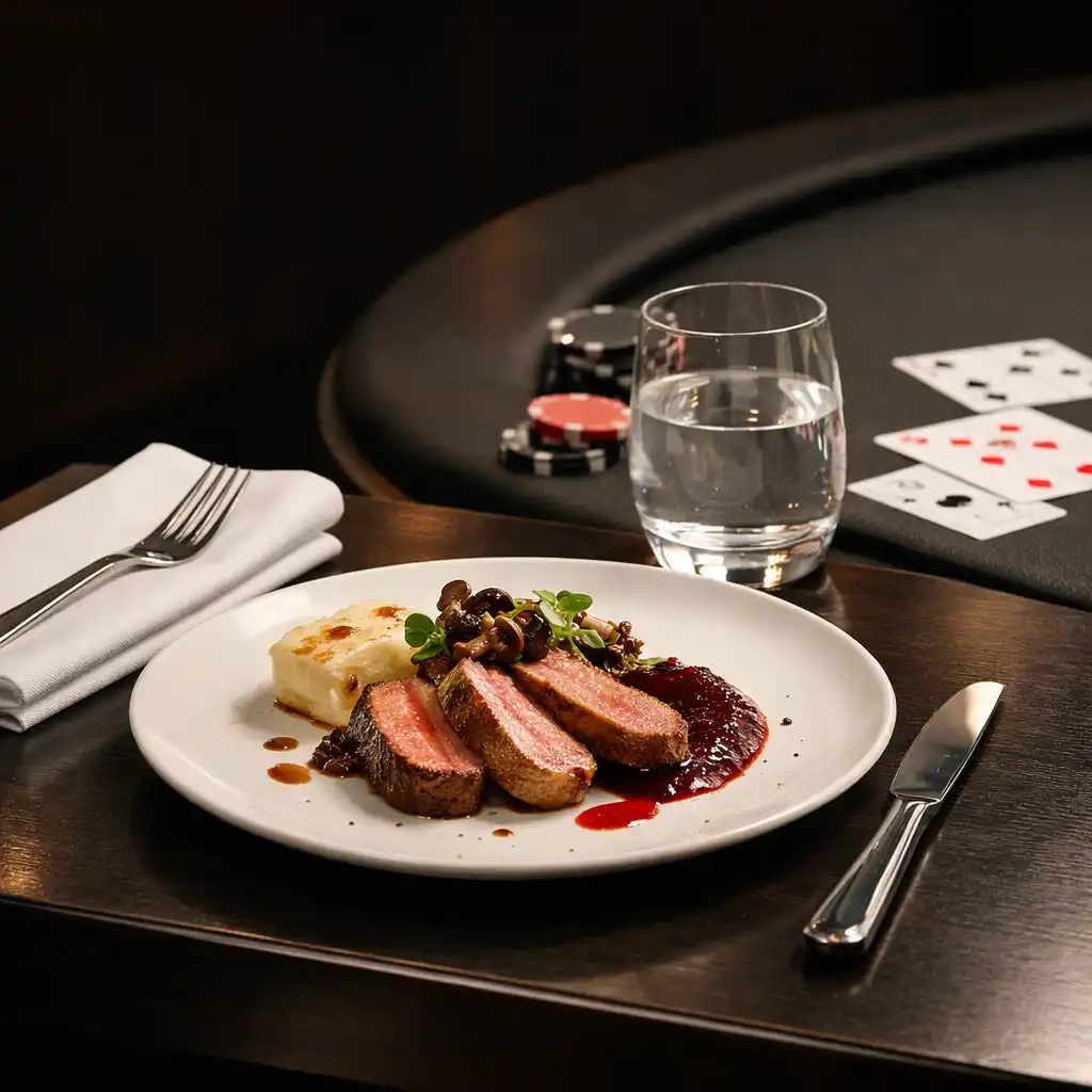 Assiette dressée et table de cartes dans l'ambiance du restaurant Luna Veelle