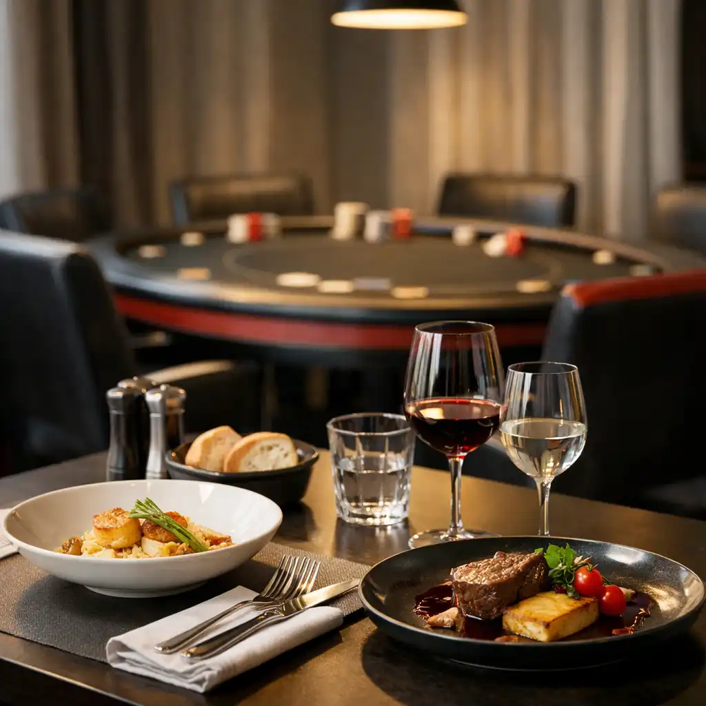 Table de restaurant dressée dans un card lounge, avec l’espace cartes visible en arrière-plan chez Luna Veelle.