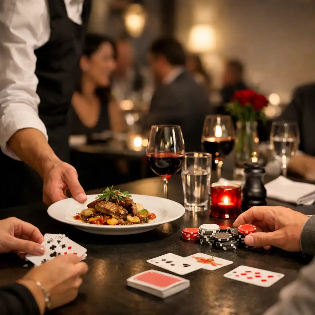 Service d’une assiette sur une table de restaurant près d’une animation de cartes