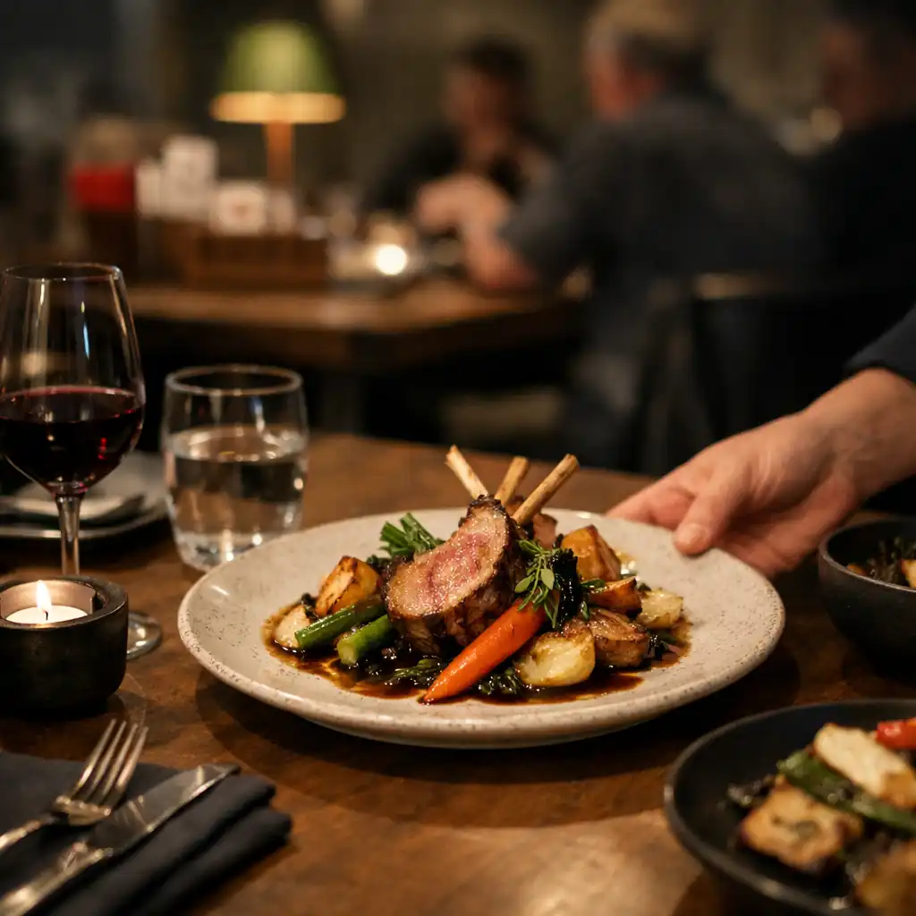 Assiette servie sur une table partagée dans l’ambiance du soir à Luna Veelle.