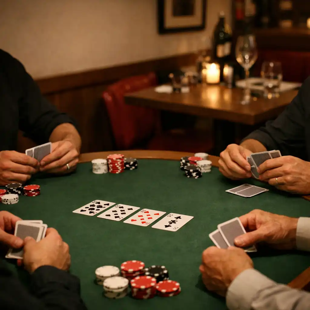 Table de poker animée lors d’une soirée au restaurant Luna Veelle, avec mains, cartes et convives réunis sur place.