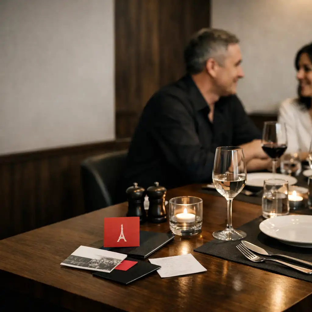 Table dressée dans le card lounge de Luna Veelle, avec des convives réunis pour un repas