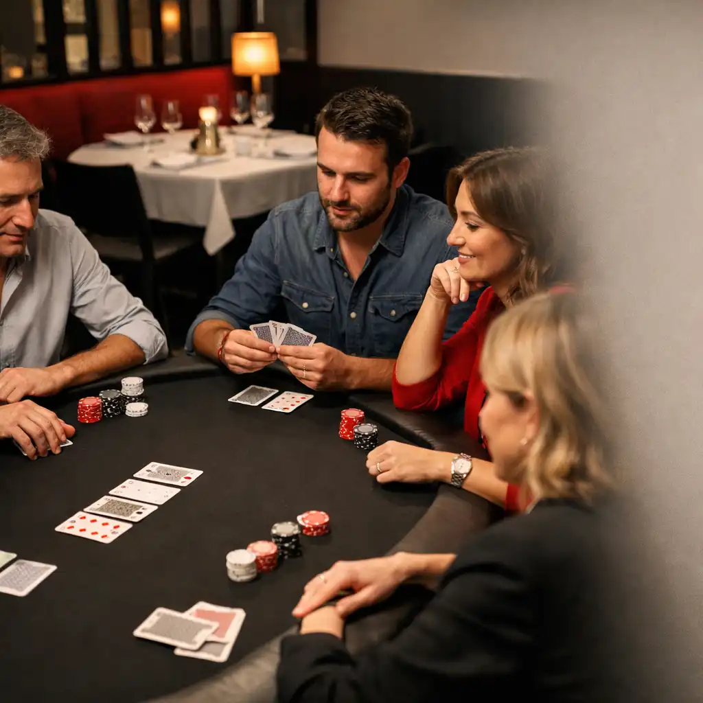 Convives réunis autour d’une table de poker en présentiel dans le restaurant Luna Veelle.