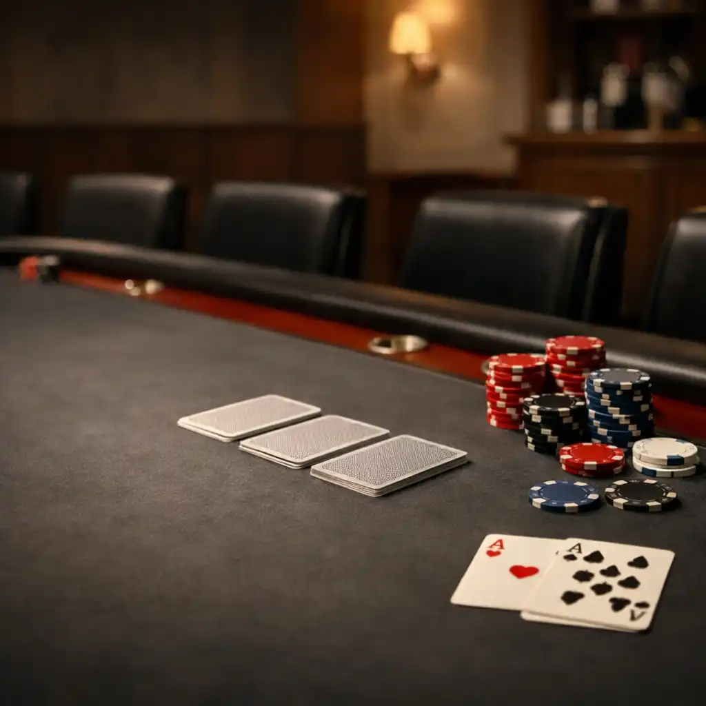 Table de poker préparée dans l'espace cartes du restaurant Luna Veelle
