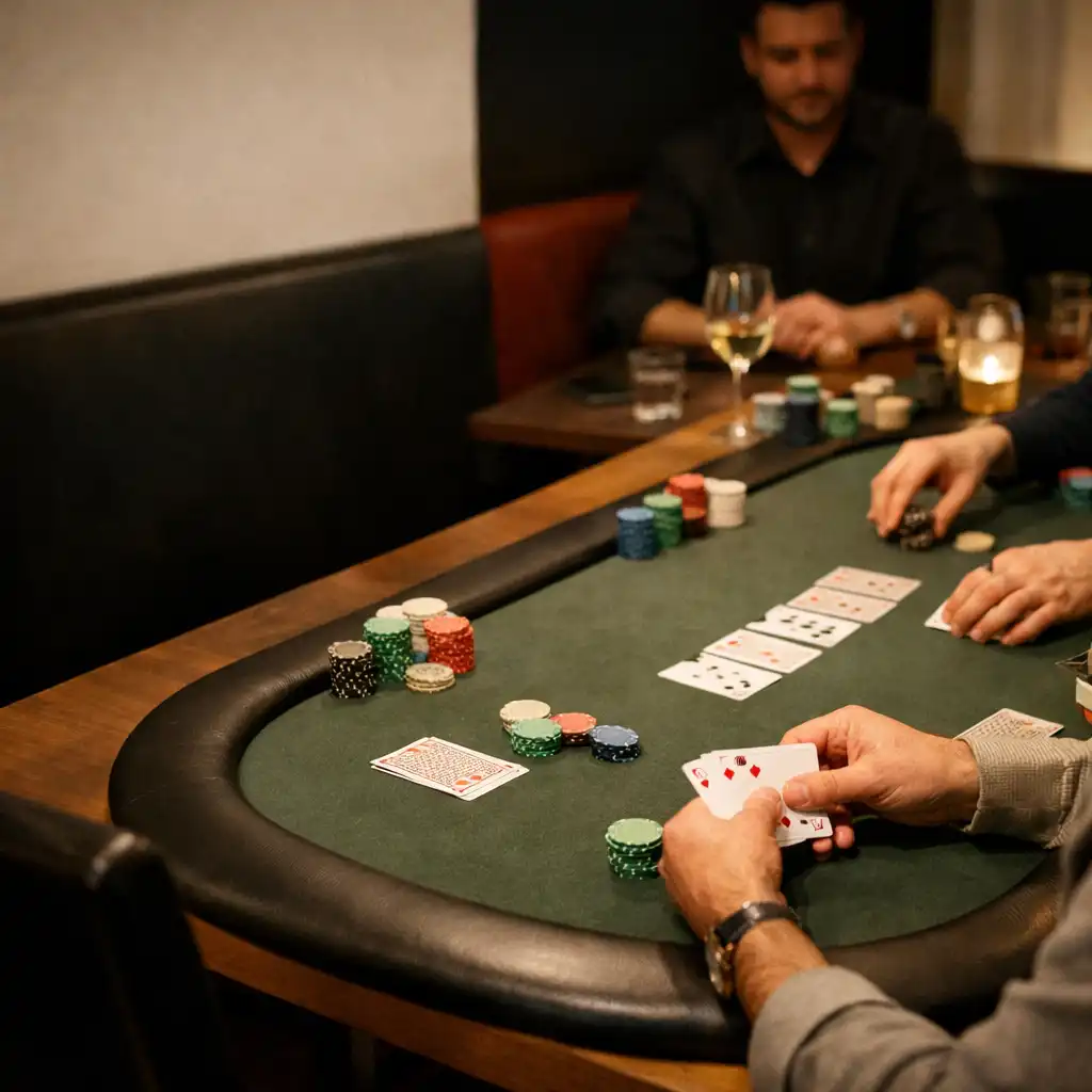 Participants adultes autour d’une table de poker au restaurant Luna Veelle